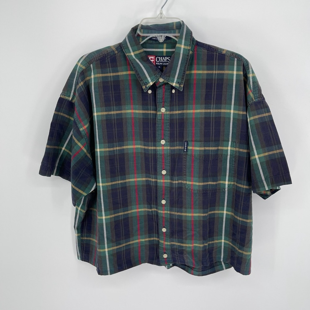 Chaps Vintage Men's Green Plaid Short Sleeve Button Down Shirt Size XL
